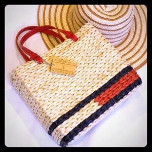 Tommy Hilfiger Straw Tote with Red and Black Accents